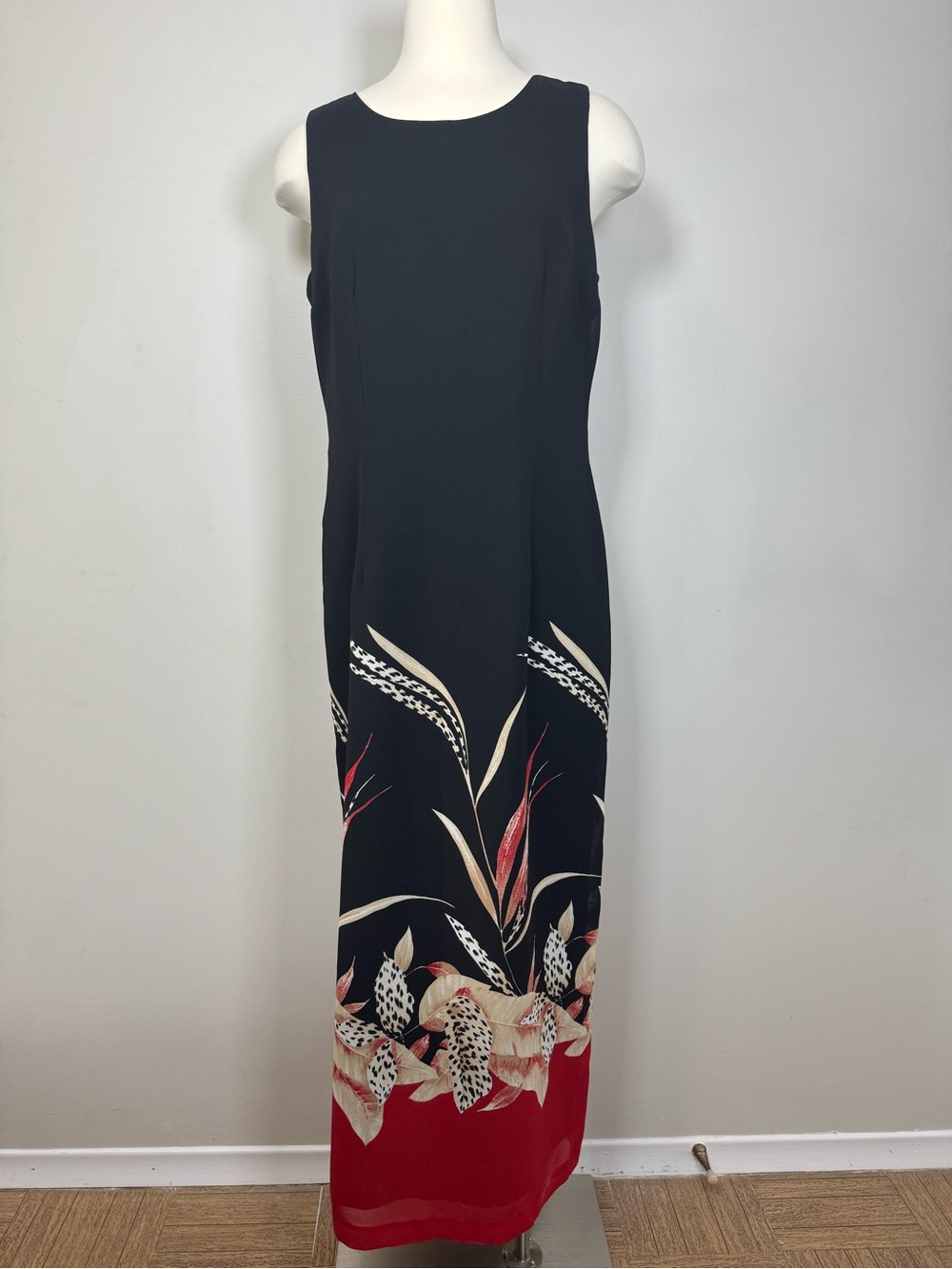 Vintage Moonlight Sleeveless Black Maxi Dress with Red Floral Hem size 12